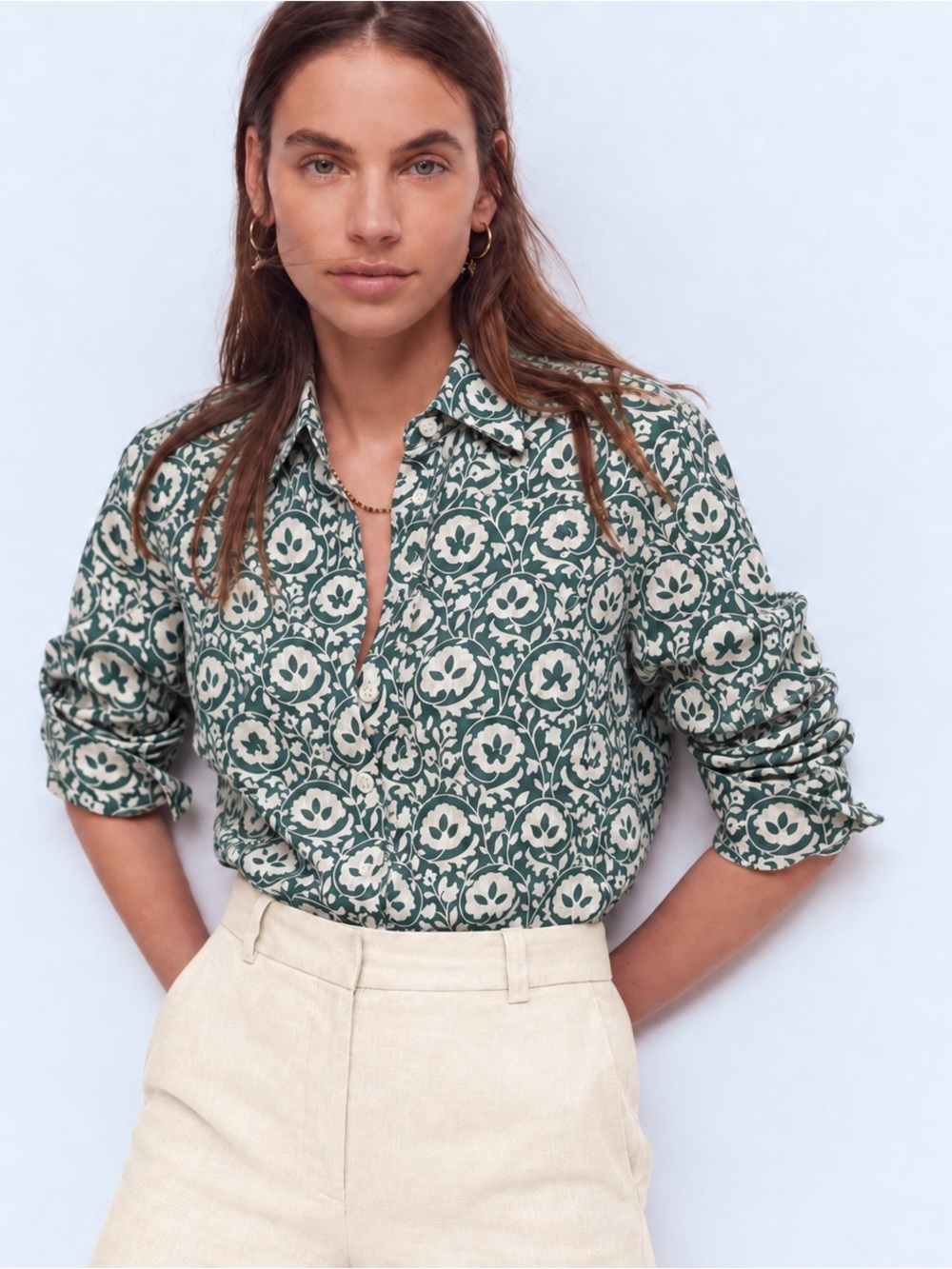 Boden Sienna Linen Shirt Green Cream Floral Button Down US 4R